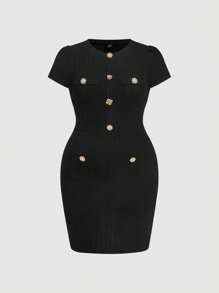 SHEIN MOD 大码纯色圆领金属纽扣装饰迷你连衣裙