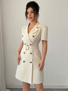 Selianne Blazer Collar Buckle Belt Waist Double-Breasted Puff Sleeve Dress