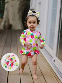 SHEIN Baby Girls' One-Piece Swimsuit With Random Prints And Ruffles (Includes Swimming Cap) - Multicolor - View 1