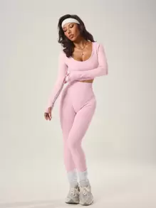 SHEIN Dewbera Bộ đồ thể thao ngắn dài & áo phông và quần legging tập luyện cho nữ Bộ đồ tập legging cho nữ Bộ đồ tập gym cho nữ - Hồng - Xem 5