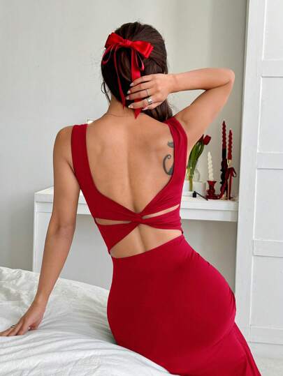 SHEIN EZwear Vestido midi rojo con abertura en la espalda, abierto y sin espalda