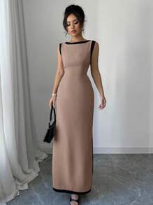 Elenzga Women's Elegant Casual Commuting Sleeveless High Waist Comfortable Vacation Holiday Color Blocking Trim Split Maxi Dress - Mocha Brown - View 1
