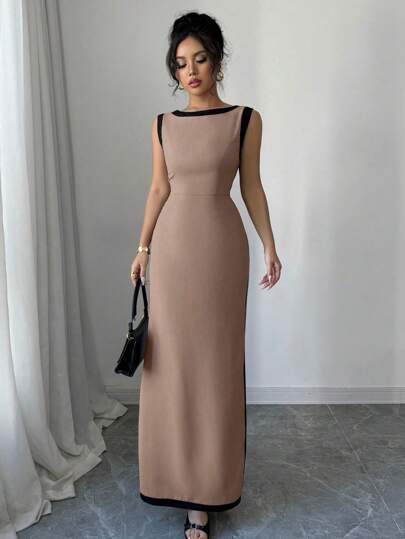 Elenzga Đầm Maxi xẻ tà không tay cạp cao thoải mái đi làm đi chơi ngày lễ thanh lịch cho nữ