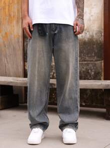 Manfinity Hypemode Loose Fit Men's Slant Pocket Wide Leg Jeans - Light Wash - View 5