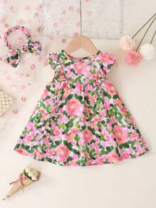 Baby Girl Floral All-Over Print Cap Sleeve Dress + Headband