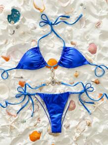 Swim Vcay Women's Summer Beach Solid Metal Accent Tie-Neck Sexy Bikini Swimwear Set - Blue - View 5