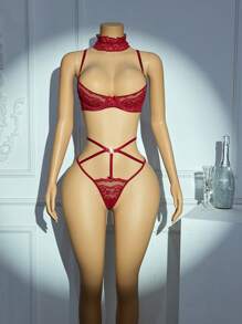 3pcs/Set Sexy Lingerie Set For Women, Lace Cutout Push Up See-Through Intimates