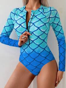 Swim SPRTY 1pc Women Gradient Mermaid Zip-Up Tight-Fitting One-Piece Swimsuit, Blue Surfing Suit, Summer Beach Outfit, Halloween - Blue - View 1