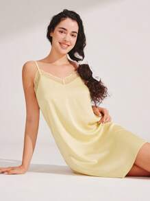 LUVLETTE Yellow Silky Satin Luxurious Lace Trim V-Neck Strappy Camisole Bridal Loungewear Airy Slip Dress Nightdress Lingerie As Outerwear Babydoll