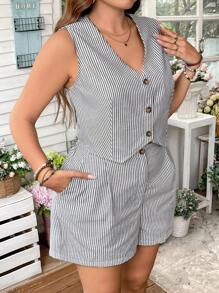 SHEIN LUNE Plus Size Old Money Style Blue & White Stripe Front Buttoned Women Two Pieces Sets Set Teacher Clothes Teacher Outfits Women Clothing Sets Comfortable Cotton Travel Outfit Airport Rave Outfits Festival For Women Country Concert Outfit Nashville Outfits Western Clothes For Women Cowgirl Outfit - Black and White - View 6