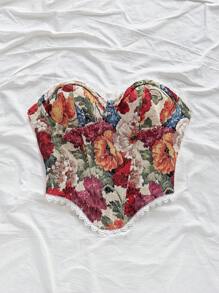 Soleia Elegant Bohemian Tropical Floral Print Tie Front Ruffle Design Crop Top,Beige,Summer,Cottage Core,Holiday,Tea Party,Beach Wedding Guest Graduation - Multicolor - View 5
