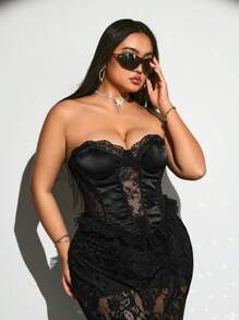 SHEIN ICON Plus Size Lace Patchwork Ruffle Trim Sexy Bustier, Wedding Guest Blouse, Lace Hollow Out Top, Date Outfit