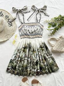 Soleia Women Colorful Tropical Holiday Print Spaghetti Strap Bowknot Front Cinched Waist A-Line Mini Dress, Vacation Boho Beach Outfit - Multicolor - View 2