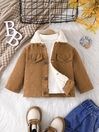 SHEIN 嬰兒男女帶垂墜口袋的保暖貼膩灰絨夾克