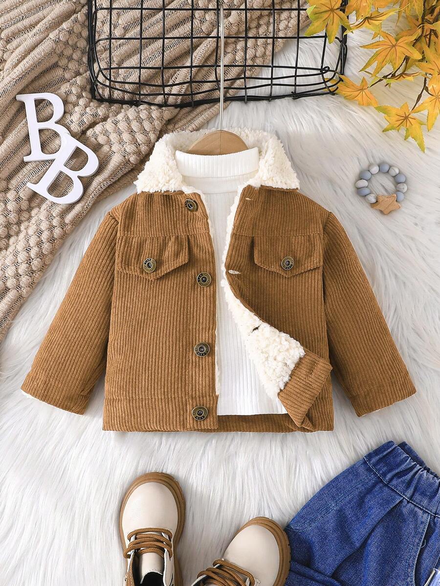 SHEIN 嬰兒男女帶垂墜口袋的保暖貼膩灰絨夾克