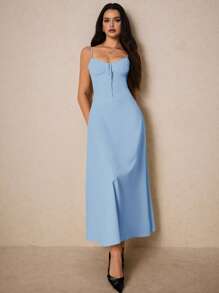 Poéselle 女士纯色褶饰前系带优雅吊带连衣裙 - 淺藍色 - 查看 6