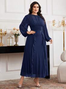 Modelyn Đầm xòe tay đèn lồng màu trơn thanh lịch cỡ lớn - Màu xanh hải quân - Xem 6