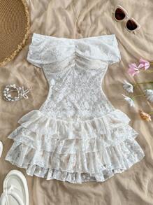 Soleia 春夏纯蕾丝优雅度假荷叶边针织连体裤、女士春季服装、夏季服装、复活节、狂欢节服装、女士西部服装、波西米亚风、牛仔装、女士端庄连衣裙、仙女风、热带度假女士服装、白色新娘送礼会礼服、毕业服装、女士沙滩装、女士早午餐服装、蕾丝、荷叶边、露背、露肩 - 彩色 - 查看 6