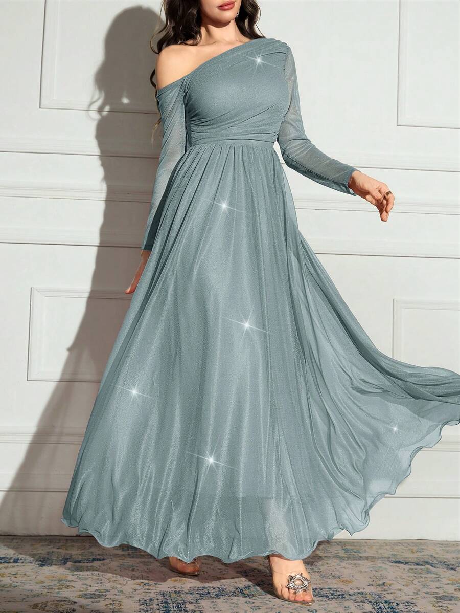 Modelyn 女士不对称领口长袖优雅超长连衣裙 - 薄荷藍 - 查看 1