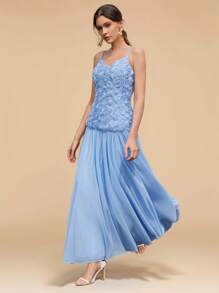 Anewsta Romantisches Urlaubs-Party-Date Damen Maxikleid aus blauem Chiffon mit geschichteter Rosenblüten-Deko und Spaghettiträgern, elegant - Blau - Übersicht 1
