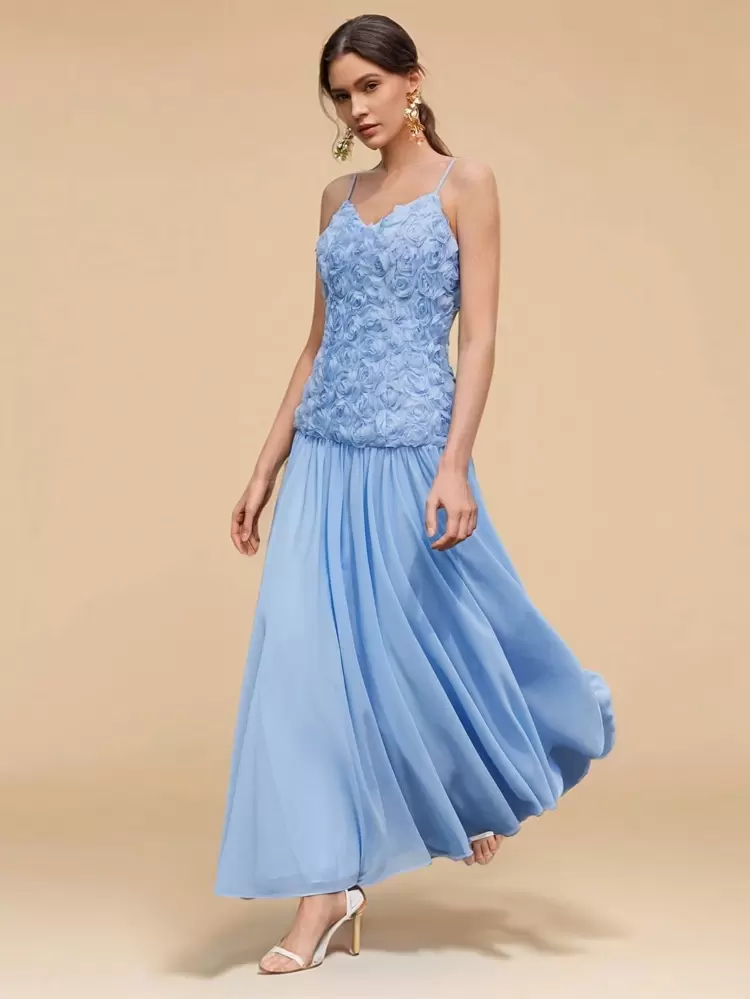 Women's Romantic Vacation Party Date Blue Chiffon Layered Rose Flower Decor Spaghetti Strap Maxi Dress, Elegant
