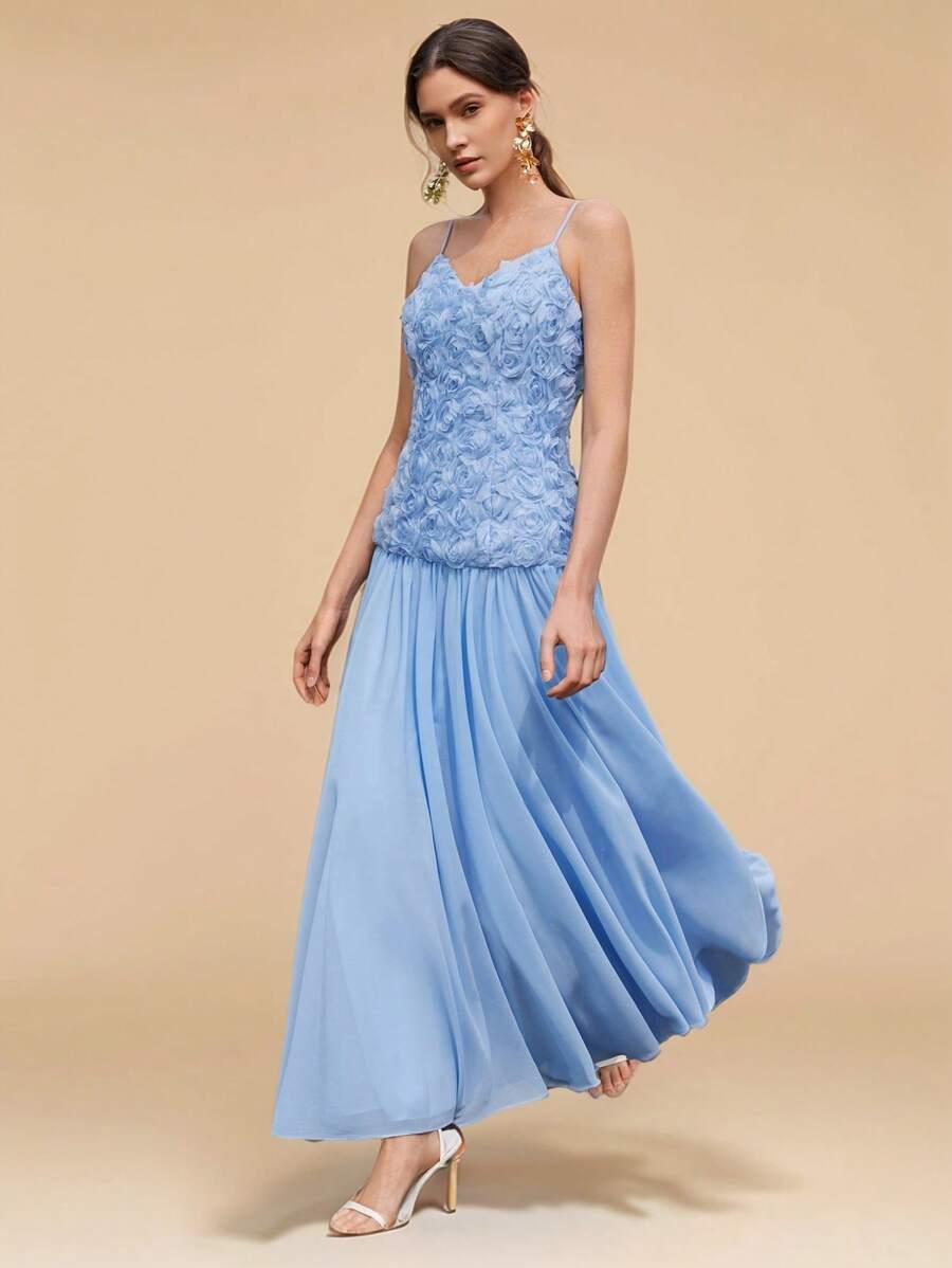 Anewsta 女士浪漫假期派对约会蓝色雪纺分层玫瑰花朵装饰细肩带长裙，优雅 - 藍色 - 查看 1