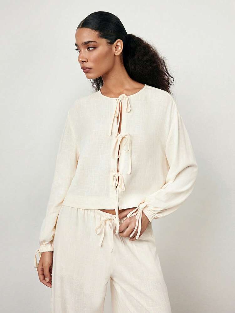 SHEIN Maija 2025 Spring & Summer New Casual Fashionable Tie-Up Design Oversized Sleeves Women Shirt, Suitable For Music Festival, Beach Vacation, Daily Casual, Romantic City Holiday, Suitable For Outings, Gatherings, Weddings, Guests, Retro Style, Graduation Season