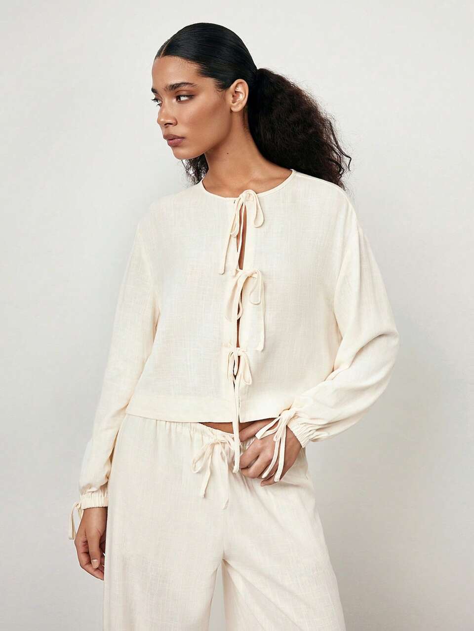 SHEIN Maija Cream White Autumn Boho Elegant Vacation Holiday Women Shirt,2025 Spring & Summer New Tie-Up Oversized Sleeves Retro Casual Fashionable Daily Outings