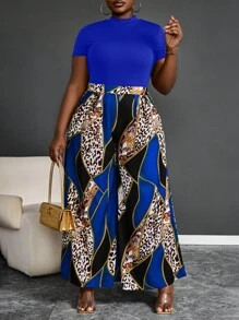 Maweii 2pcs Plus Size Solid Color Short Sleeve Top And Long Pants Set, Simple And Fashionable, Suitable For Summer