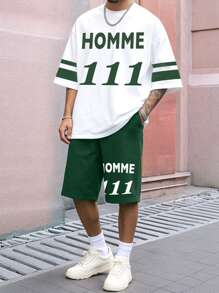 Manfinity Homme 男士夏季字母印花圆领短袖休闲T恤短袖短裤套装 - 白色 - 查看 1