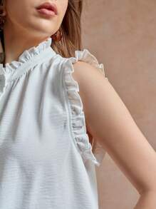 Écloséra 女士休闲优雅百搭纯色立领荷叶边无袖衬衫 - 白色 - 查看 6