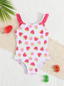 SHEIN Baby Girl Cute Strawberry Print Ruffle Trim Romper Swimsuit, Beach Resort - Multicolor - View 1