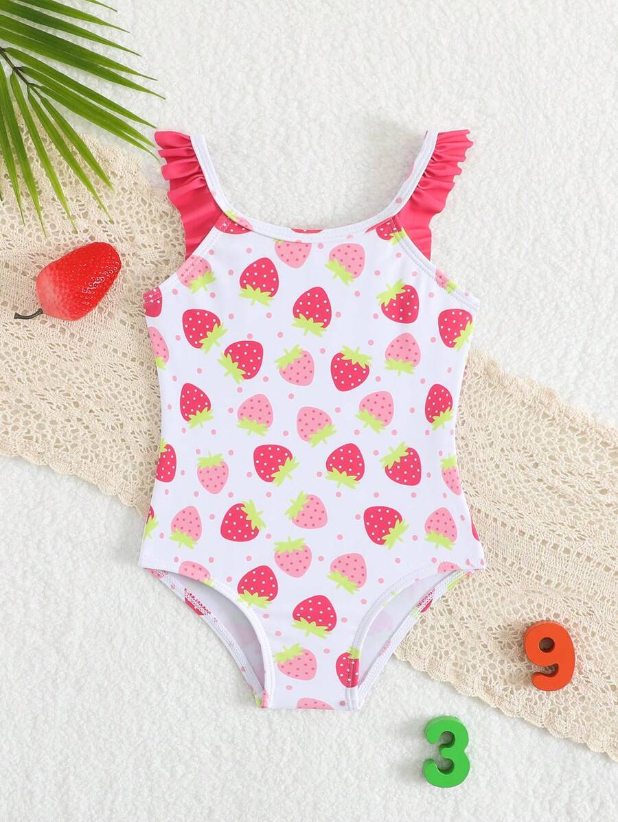 SHEIN Baby Girl Cute Strawberry Print Ruffle Trim Romper Swimsuit, Beach Resort - Multicolor - View 1