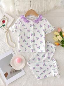 SHEIN 2pcs Young Girl Modest Floral Pattern Ruffle Trim Round Neck Button-Up Loose Comfy Pajama Sets, Graduation Pajama - Purple - View 7