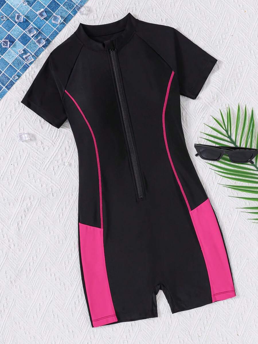 SHEIN Traje de baño de una pieza con cuello halter de punto con color contrastante para niña adolescente - Rosa Fucsia - Ver 1