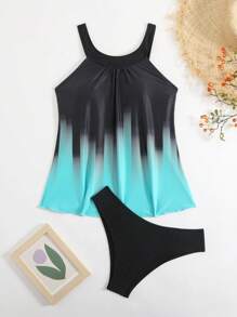 SHEIN 2pcs/Set Beach Summer Outfits For Women: Twist Front Printed Flared Hem Regular Tankini Bottom & Elegant Swimwear Top - Multicolor - View 3