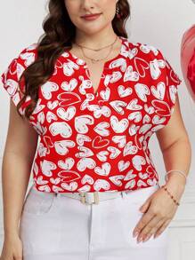 SHEIN Clasi Plus Size Women's Elegant Heart Print V-Neck Blouse - Red - View 3