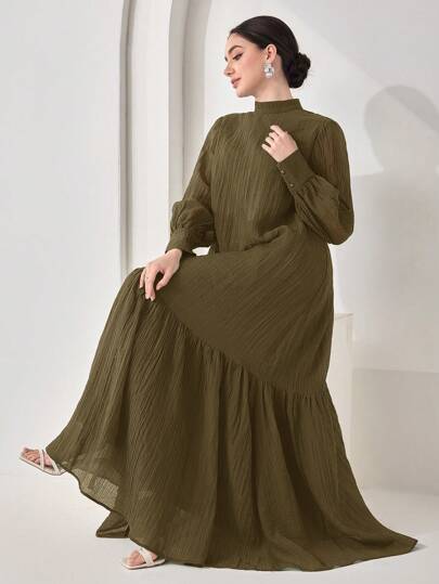 Veilorie Women's Solid Color Stand Collar Long Sleeve Ruffle Hem Elegant Dress Modest Dress