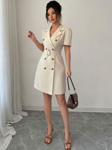 Selianne Blazer Collar Buckle Belt Waist Double-Breasted Puff Sleeve Dress