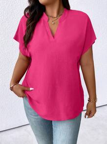 Plus Size Plain Color V-Neck Batwing Sleeve Simple Summer Shirt For New Year Clothes - Hot Pink - View 4