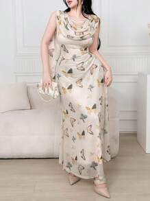 Feyla 女式蝴蝶印花荷叶边修身优雅连衣裙