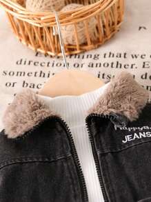 3pcs/Set Baby Boy Fashion Casual High Collar Top, Fleece Denim Jacket And Long Denim Pants Outfit - Black - View 4