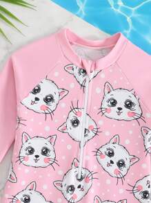 SHEIN Baby Girl Cartoon Cat Print Raglan Sleeve One-Piece Swimsuit With Shorts