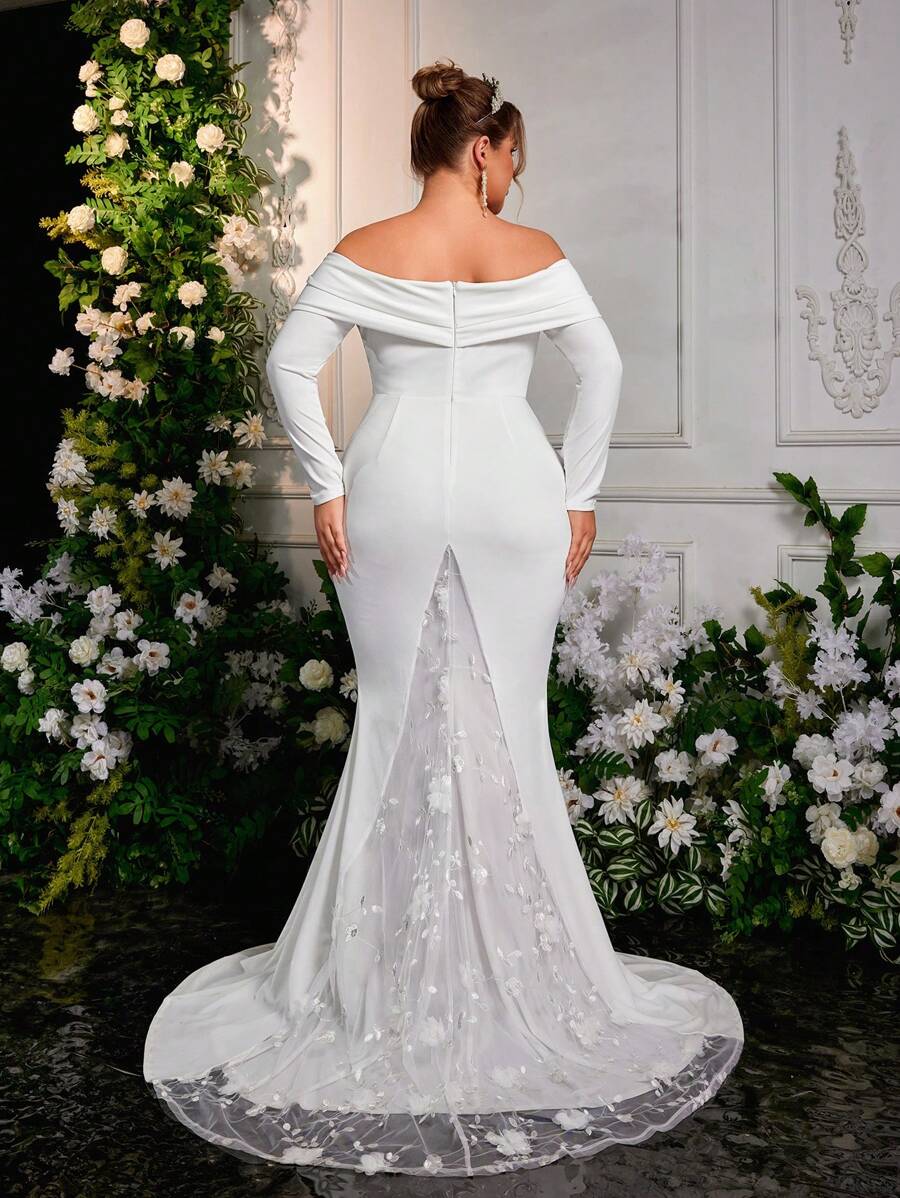 Glamrae 大码优雅奢华白色露肩长袖花卉拼布拖尾婚纱，新娘 - 白色 - 查看 1