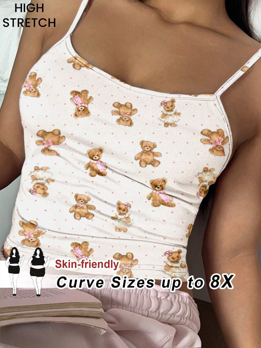 SHEIN CURVE+ 大码女式休闲性感波点小熊印花上衣 - 彩色 - 查看 1