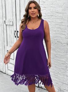 SHEIN VCAY Vestido azul de punto con parches y flecos sin mangas para vacaciones en la playa talla grande