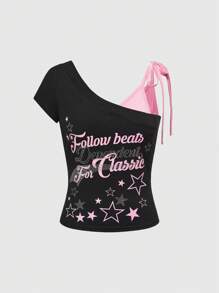 ROMWE Y2K Style Rhinestone Embellished Crop Top With Asymmetric Shoulder, Tight Fit Vintage-Inspired Fuchsia Tee - Pink - View 1
