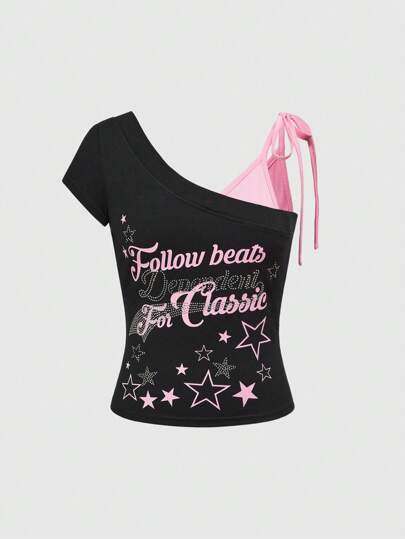 ملابس علوية قصير مزين بالراين ستون لطراز Y2K مع كتف متناظر ، تسليم مشدود مستوحى من الطراز القديم لونه وردي داكن