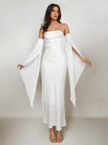 Aloruh Women's Elegant Satin Dress, White, For Wedding, Date, Prom, Backless Spaghetti Strap Flare Sleeve - White - View 1