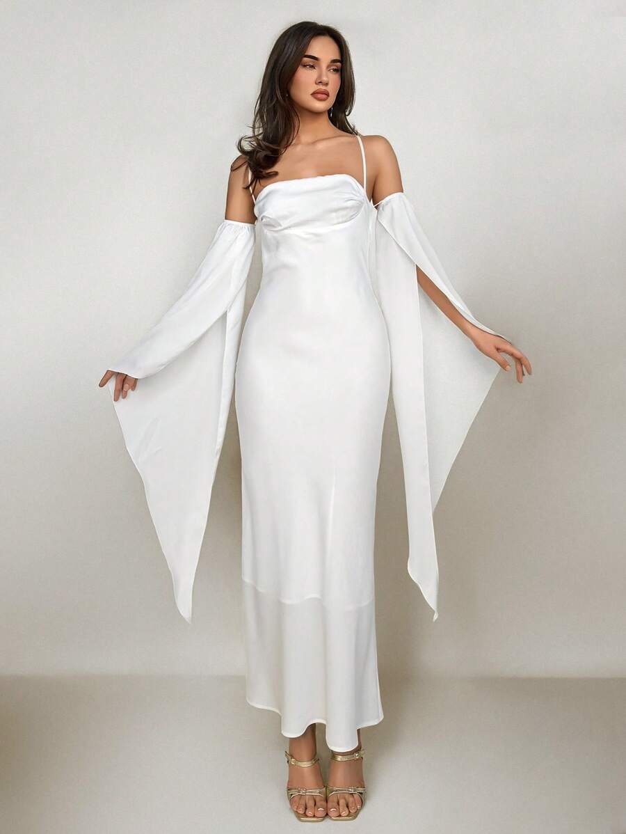 Aloruh Women's Elegant Satin Dress, White, For Wedding, Date, Prom, Backless Spaghetti Strap Flare Sleeve - White - View 1